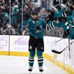 Erik Karlsson rifles home his first goal with the Sharks