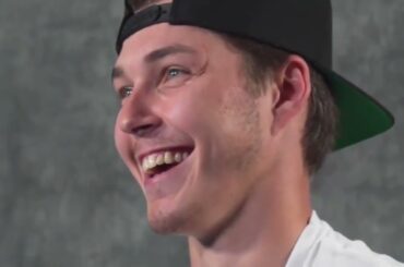Elvis Merzlikins has some fun at Columbus Blue Jackets' media day