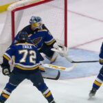 Andrei Kuzmenko scores brilliant goal vs Blues after stealing a puck from defender (28 mar 2024)