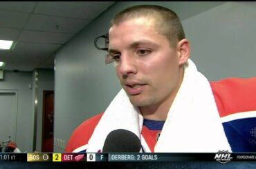 David Perron interview end 1st Vancouver Canucks vs Edmonton Oilers 9/21/13 NHL Hockey