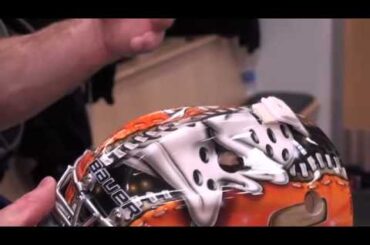 Dan Ellis shows off his Anaheim Ducks goalie mask