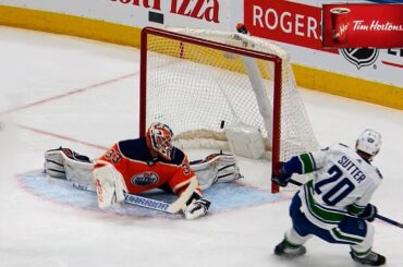 Brandon Sutter takes pass from Sven Baertschi, beats Cam Talbot