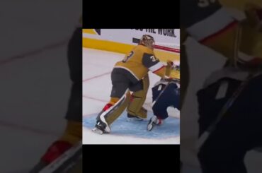 Adin Hill of The Las Vegas Golden Knights has a fun time with Matthew Tkachuk of The Florida Panther