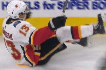 Johnny Gaudreau takes a tumble after scoring a goal