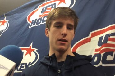 Boston College defenseman Noah Hanifin speaks at U.S. World Junior Camp