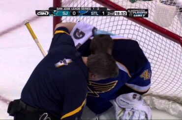 Barret Jackman & Jaroslav Halak collision. San Jose Sharks vs St. Louis Blues 4/14/12 NHL Hockey