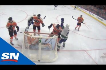 J.T. Miller Taps In Elias Pettersson Shot Off Carter Hart's Pads