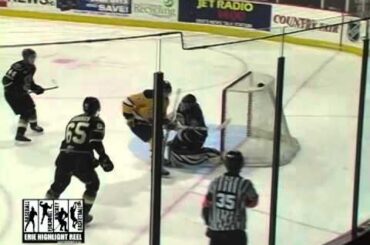 2013-14 Erie Otters Hockey Jake Evans Delivers a Big Hit that Leads to a Fight