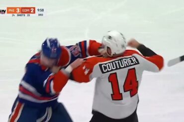 Sean Couturier fights Troy Stecher after collision with Stuart Skinner - [ Both Broadcasts ]