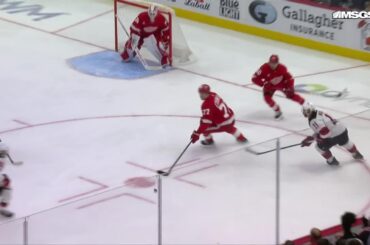 Jack Hughes scores a powerplay goal against the Detroit Red Wings