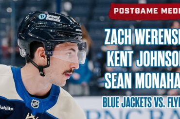 Zach Werenski, Kent Johnson and Sean Monahan, Blue Jackets vs. Flyers  | Postgame Media