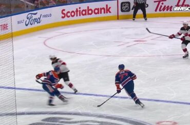 Timo Meier scores a goal against the Edmonton Oilers