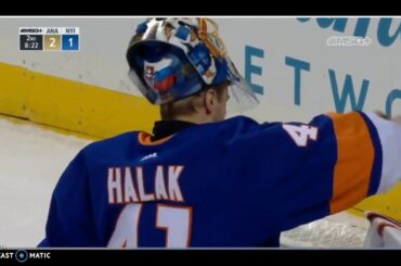 New York Islanders vs Anaheim Ducks - Jaroslav Halak goes after Nick Ritchie