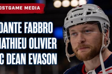 Dante Fabbro, Mathieu Olivier and Head Coach Dean Evason, Blue Jackets @| Bruins | Postgame Media