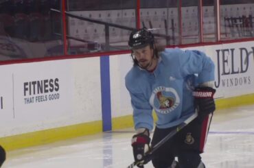 Karlsson back on the ice, runs drills at Senators practice