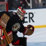 Petr Mrázek wears the Goalie Cam at Winter Classic practice