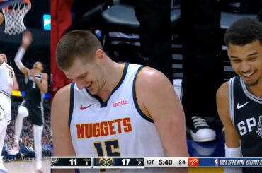 Nikola Jokic and Victor Wembanyama laugh after Jokic dunked over Wemby 😂