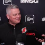 Devils coach Sheldon Keefe speaks with the media ahead of playing in Toronto for the first time
