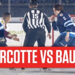 Tyrel Bauer And Yanick Turcotte Meet At Center Ice For A Wednesday Night Hockey Fight