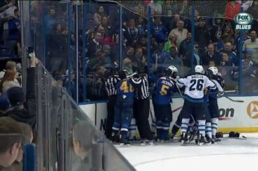 Giant scrum late 3rd. Ryan Reaves, Dustin Byfuglien Winnipeg Jets vs St. Louis Blues 3/17/14 NHL