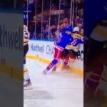 Rangers D #17 Will Borgen gets a good lick on Bruins #88 Pasta 🍝