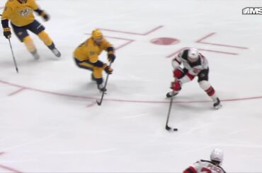 Tomas Tatar scores a goal against the Nashville Predators