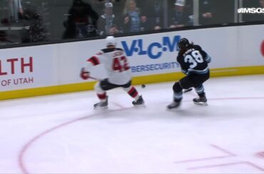 Mikhail Sergachev scores a goal against the New Jersey Devils