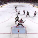 Noah Hanifin scores a powerplay goal against the New Jersey Devils