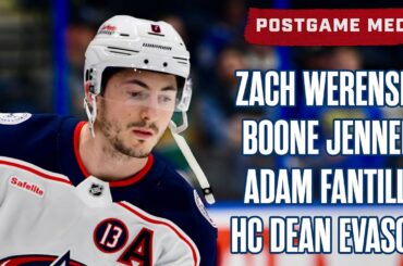 Zach Werenski, Boone Jenner, Adam Fantilli and Head Coach Dean Evason | Postgame Media
