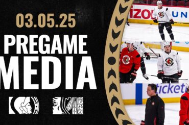 Ridly Greig, Matthew Highmore, and Travis Green Pregame Media vs CHI