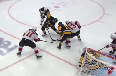 Timo Meier scores a goal against the Pittsburgh Penguins