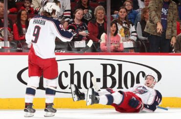 Pierre-Luc Dubois takes a tumble after scoring a goal