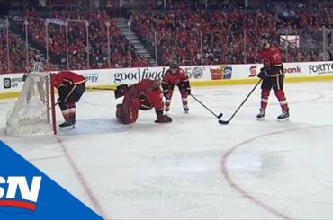 Ducks Score After Flames’ Mike Smith Gets Caught Out Of The Net