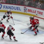 Timo Meier scores a powerplay goal against the Chicago Blackhawks