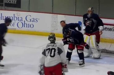 Goaltender Drill Elvis Merzlikins vs. NHL Players