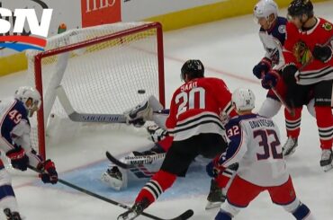 Joonas Korpisalo makes great stick save on Brandon Saad