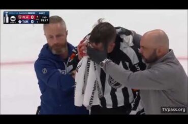 NHL REFEREE Chris Rooney INJURY, BLOOD, HIT IN FACE/EYE by High Stick Niko Mikkola