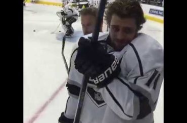 Anze Kopitar flinching as Jeff Carter hits him pregame Los Angeles Kings  - March 16, 2016