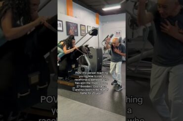 Aboard a replica of Zenyatta, Mike Smith teaches dressage rider Ann Buffini how jockeys ride a race.