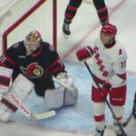 Linus Ullmark in action during the Hurricanes @ Senators hockey game