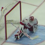 Frederik Andersen warms up during the Hurricanes @ Senators hockey game