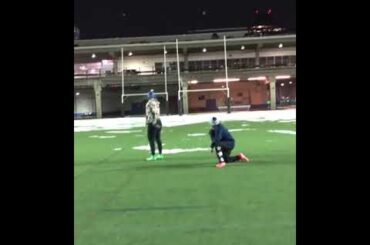 Hockey Player Mika Zibanejad kicks 35 yard field goal on his first try