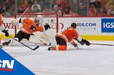 Flyers’ Carter Hart Extends Glove To Rob Taylor Hall Of Sure Goal
