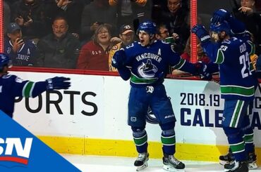 Bo Horvat Scores Upstairs Off Back Bar Against Pekka Rinne