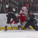 Jesper Fast falls on the leg of Vladislav Gavrikov after a cross-check from Matt Roy.