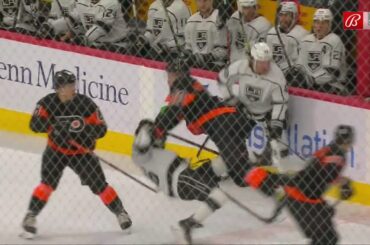 Blake Lizotte gets pummeled in the neutral zone by Rasmus Ristolainen.