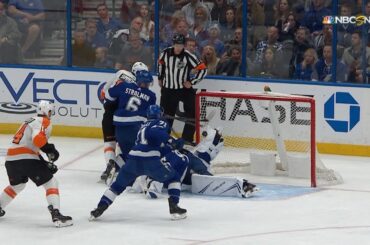 Andrei Vasilevskiy stretches, then raises pad to rob Simmonds of sure goal