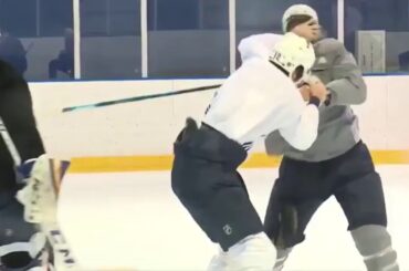 Blues teammates Robert Bortuzzo, Zach Sanford fight at practice. 10-12-2018
