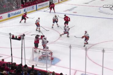 Dawson Mercer scores a goal against the New York Islanders