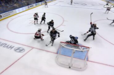 Nico Hischier scores a goal against the Tampa Bay Lightning